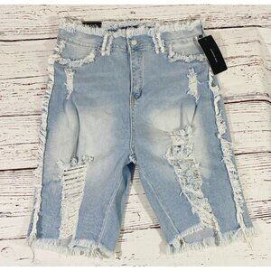 American Bazi Distressed Womens Jean Shorts Sz 1X Plus Denim Raw Hem Light Blue